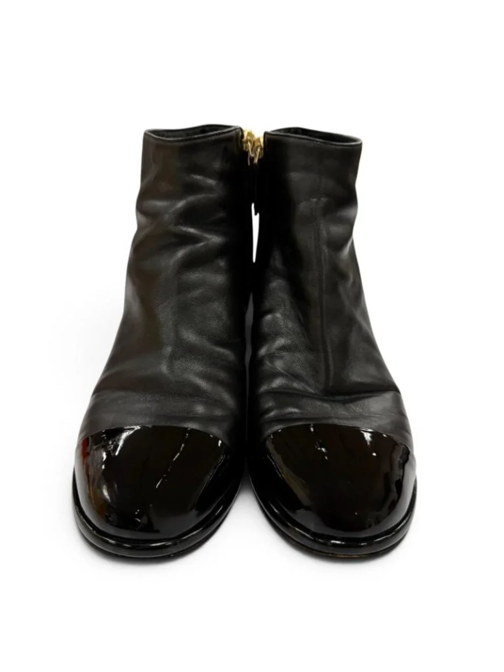 Chanel CC Logo Faux Pearl Gold Parts Side Zip Leather Short Boots Black